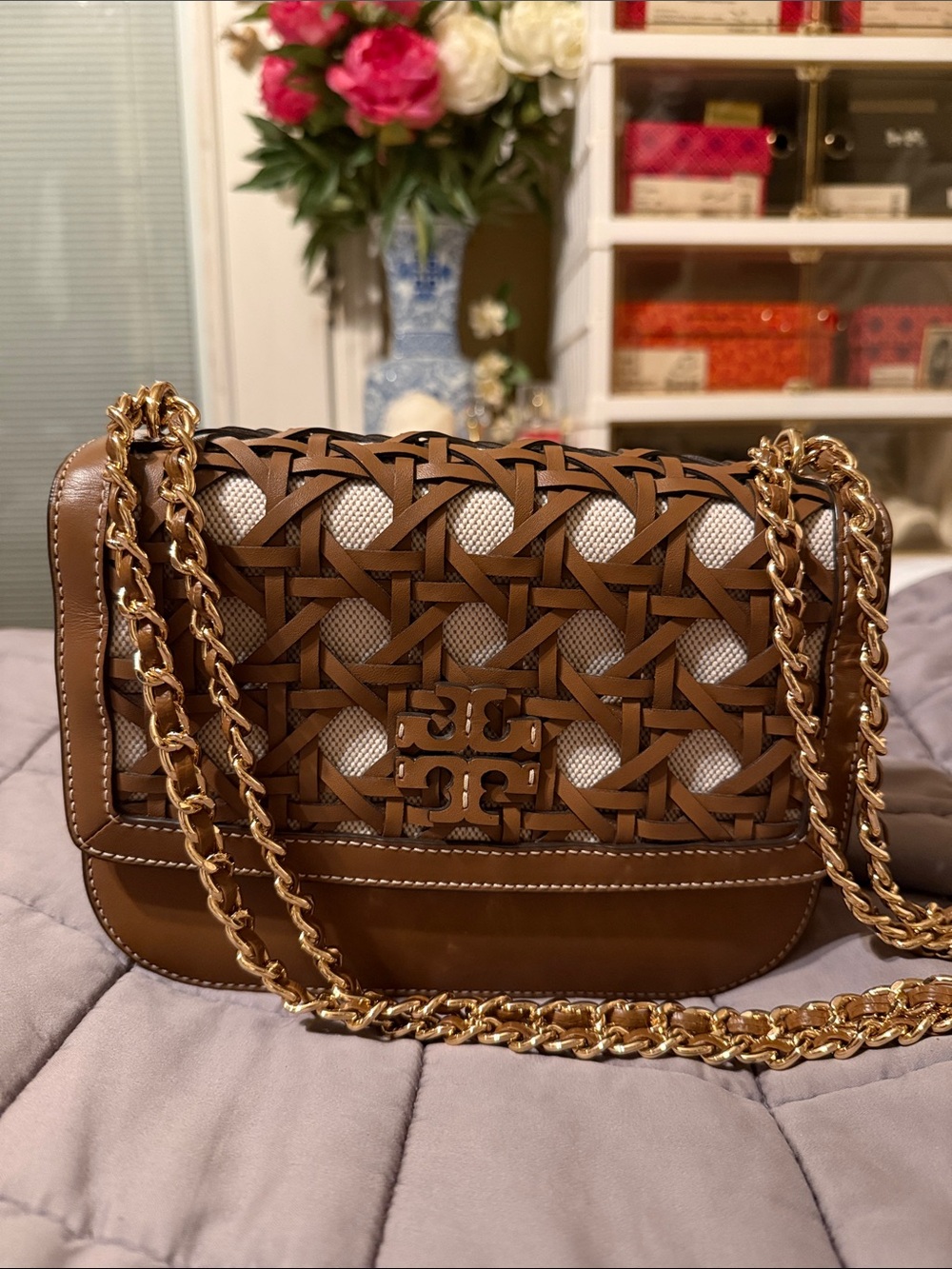 Tory Burch Brown and Cream Woven Leather Crossbody with Gold Chain
